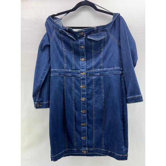 Fashion nova Jean button down off the shoulder dress women’s large - Picture 1 of 7